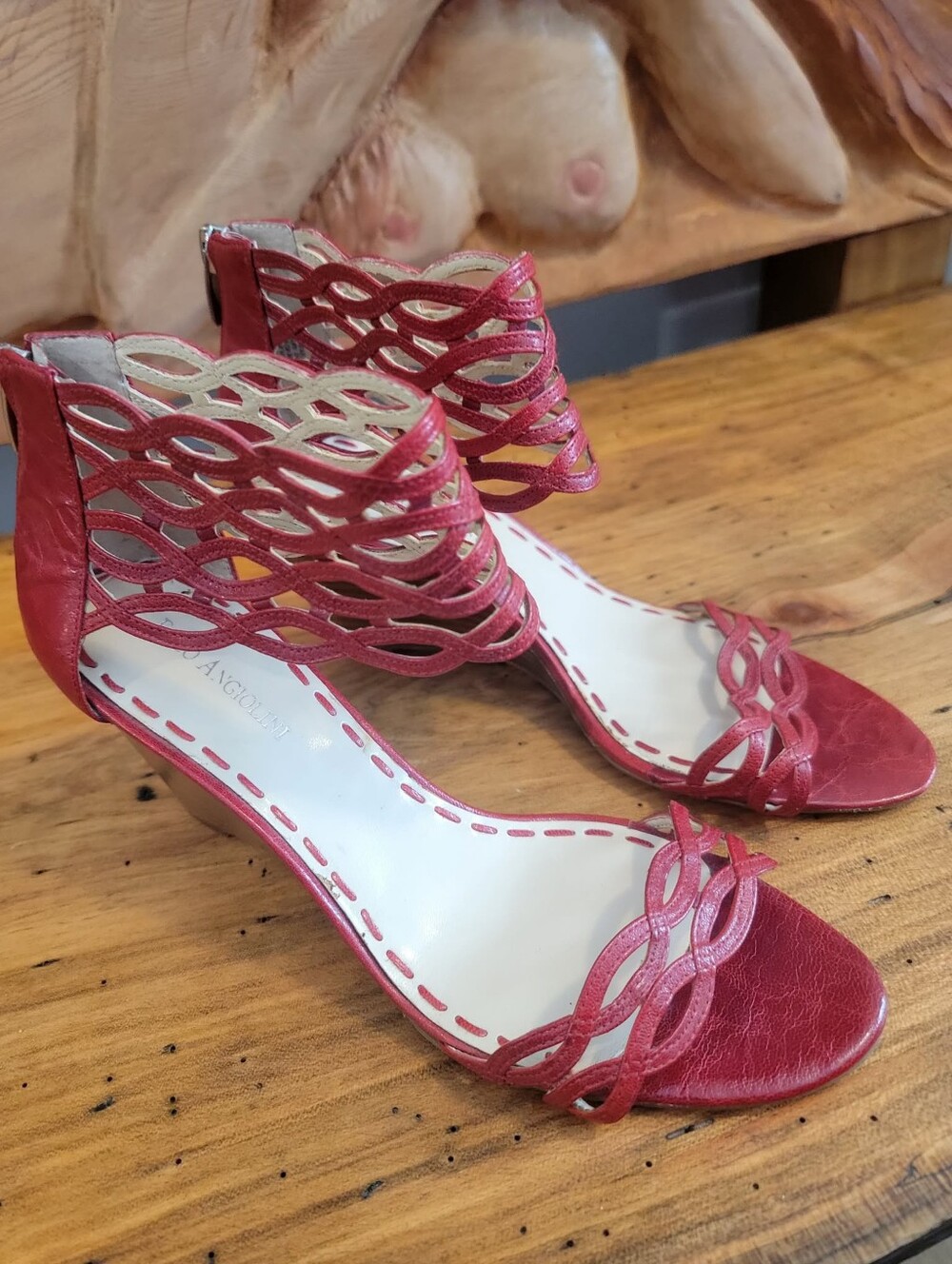 Enzo Angiloini Sz 9 Red Laser Lattice Cut Leather Ankle & Toe 3" wedge Heel NWT